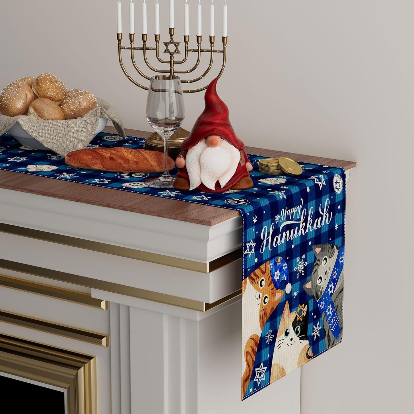 XCHI Happy Hanukkah Cats Six-Pointed Star Snowflakes Chanukah Table Runner Table Decoration for Party Home Kitchen Dining Holiday Decor 13x60 Inch