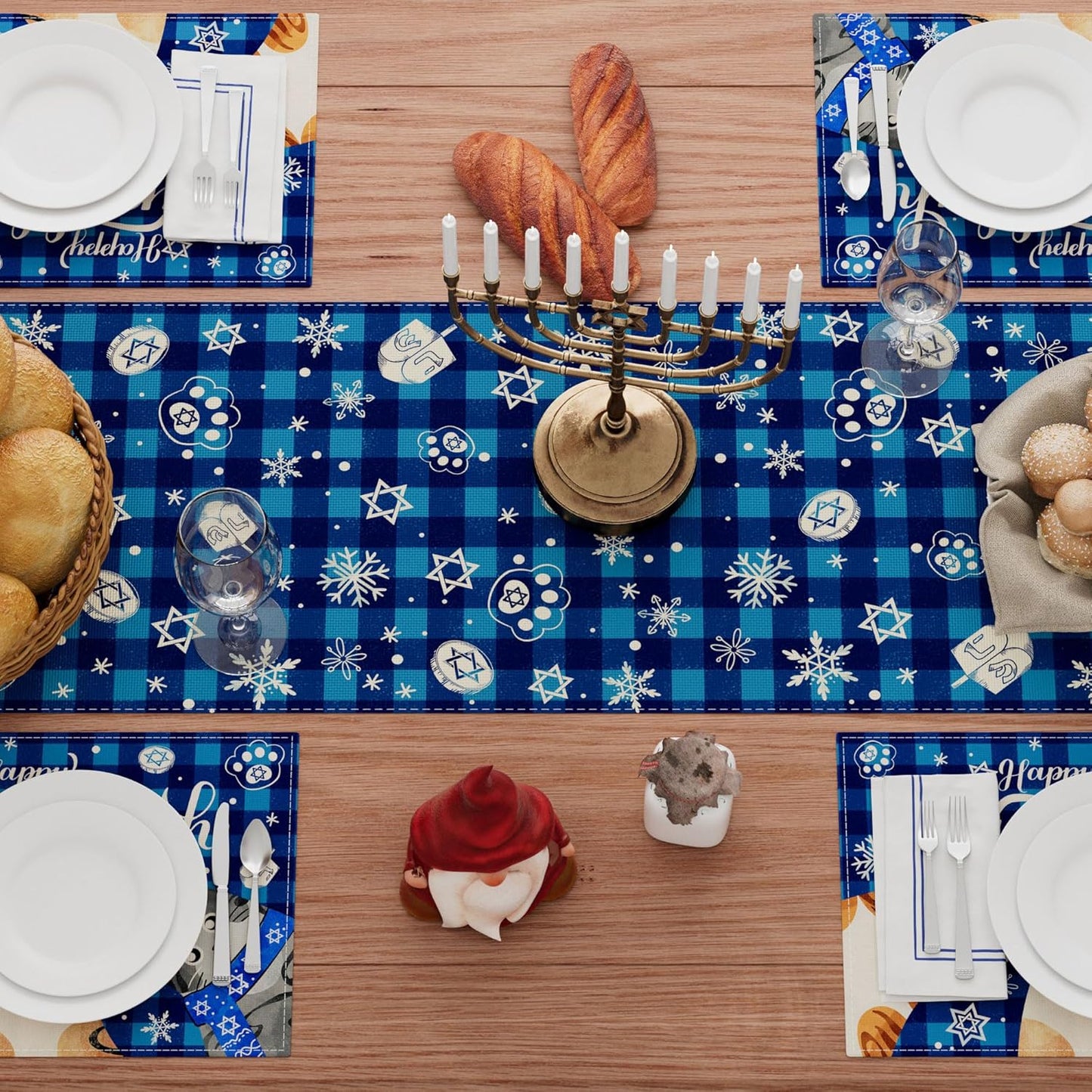 XCHI Happy Hanukkah Cats Six-Pointed Star Snowflakes Chanukah Table Runner Table Decoration for Party Home Kitchen Dining Holiday Decor 13x60 Inch