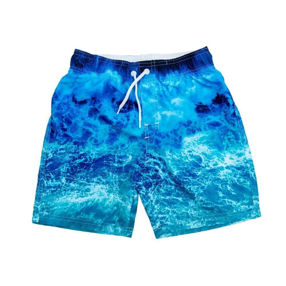 Rash Guard swim shorts with blue ocean wave print and white drawstring for beach and water play