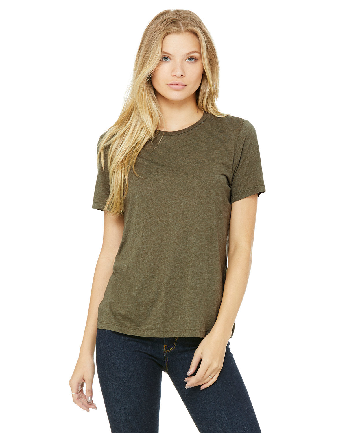 woman wearing olive green asdasd t-shirt and dark jeans