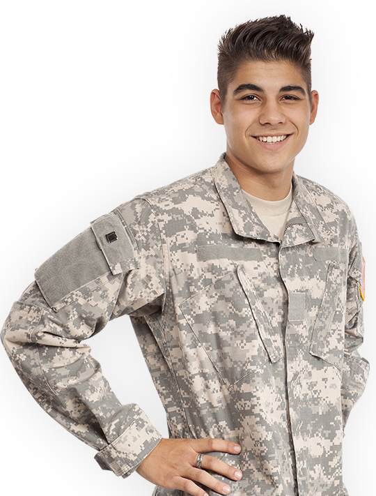 Young man in digital camouflage military uniform smiling with hand on hip, representing Test Product