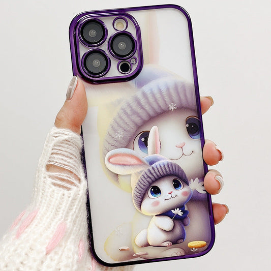 Iphone 14 15 phone case with luxury sneaker-inspired purple frame and cute bunny design, shockproof with phone strap, TPU material.
