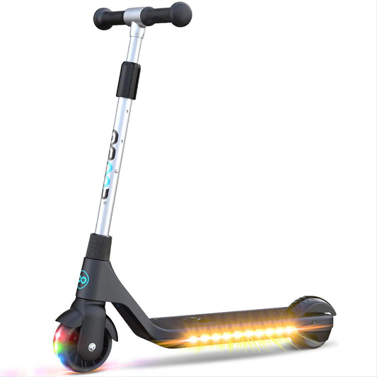 Gyroor Electric Scooter for kids with adjustable handlebar, LED lights, and rechargeable battery in black color