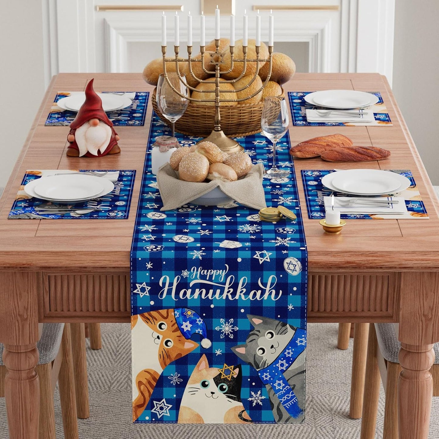 XCHI Happy Hanukkah Cats Six-Pointed Star Snowflakes Chanukah Table Runner Table Decoration for Party Home Kitchen Dining Holiday Decor 13x60 Inch