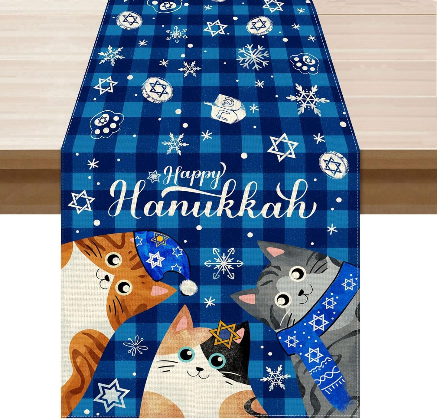 XCHI Happy Hanukkah Cats Six-Pointed Star Snowflakes Chanukah Table Runner Table Decoration for Party Home Kitchen Dining Holiday Decor 13x60 Inch