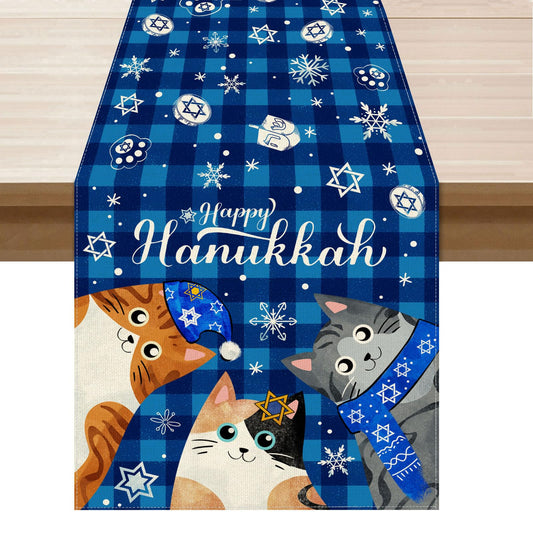 XCHI Happy Hanukkah Cats Six-Pointed Star Snowflakes Chanukah Table Runner Table Decoration for Party Home Kitchen Dining Holiday Decor 13x60 Inch