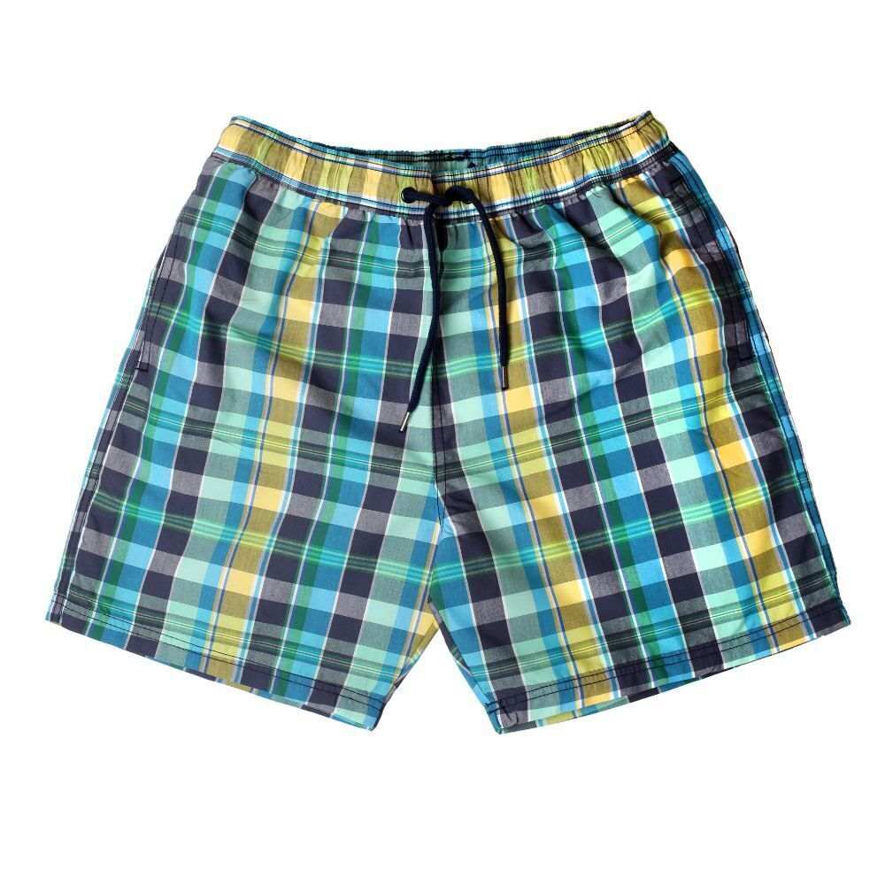 Rash Guard swim shorts with blue, green, yellow, and black colors and adjustable waistband