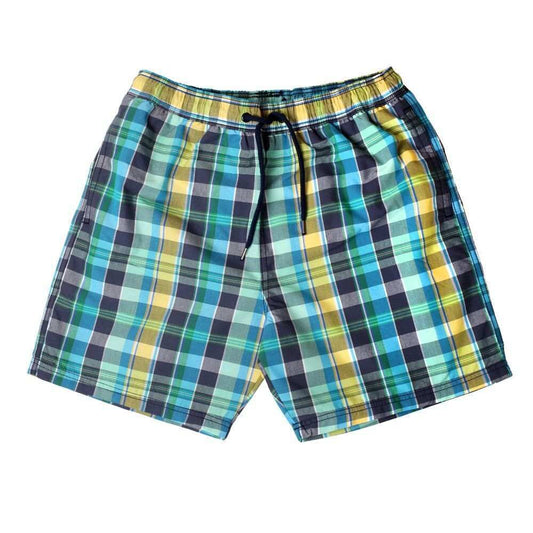 Rash Guard swim shorts with blue, green, yellow, and black colors and adjustable waistband