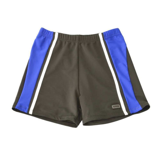Rash Guard swim shorts with black, blue, and white stripes, quick-drying fabric, and UPF 50+ protection