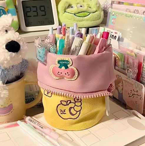 Simple vertical flip large capacity pencil case holding pens and markers on desk with cute decorations