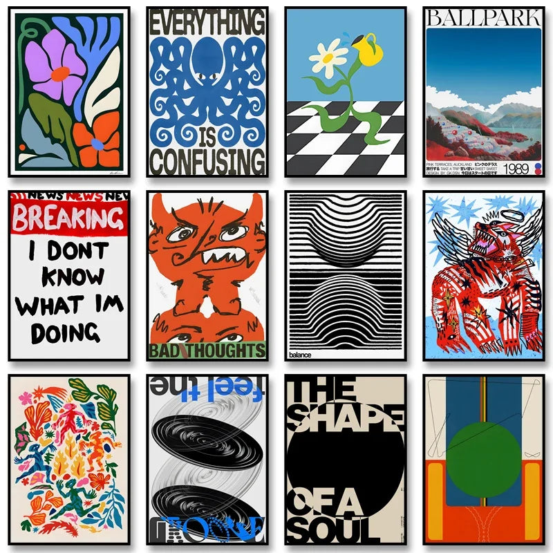 Set of abstract wine feeding themed classic stickers with vibrant artistic and motivational designs for self-care and creativity.