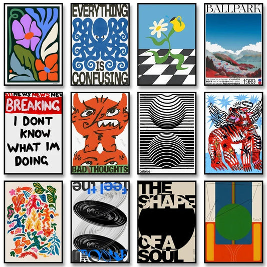 Set of abstract wine feeding themed classic stickers with vibrant artistic and motivational designs for self-care and creativity.