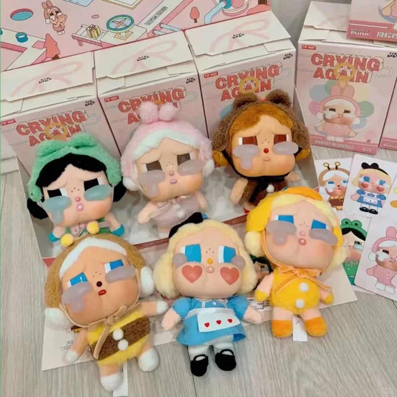 Collection of 1 Report copy crybaby plush dolls by mDroppy with colorful crying expressions and detailed costumes displayed with packaging boxes